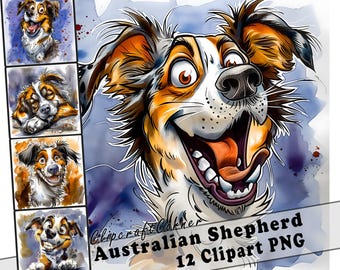 12 Australian Shepherd Clipart PNG Funny Dog Bundle | Watercolor Dog Caricature Clipart PNG | Animal Clipart Artwork | 159