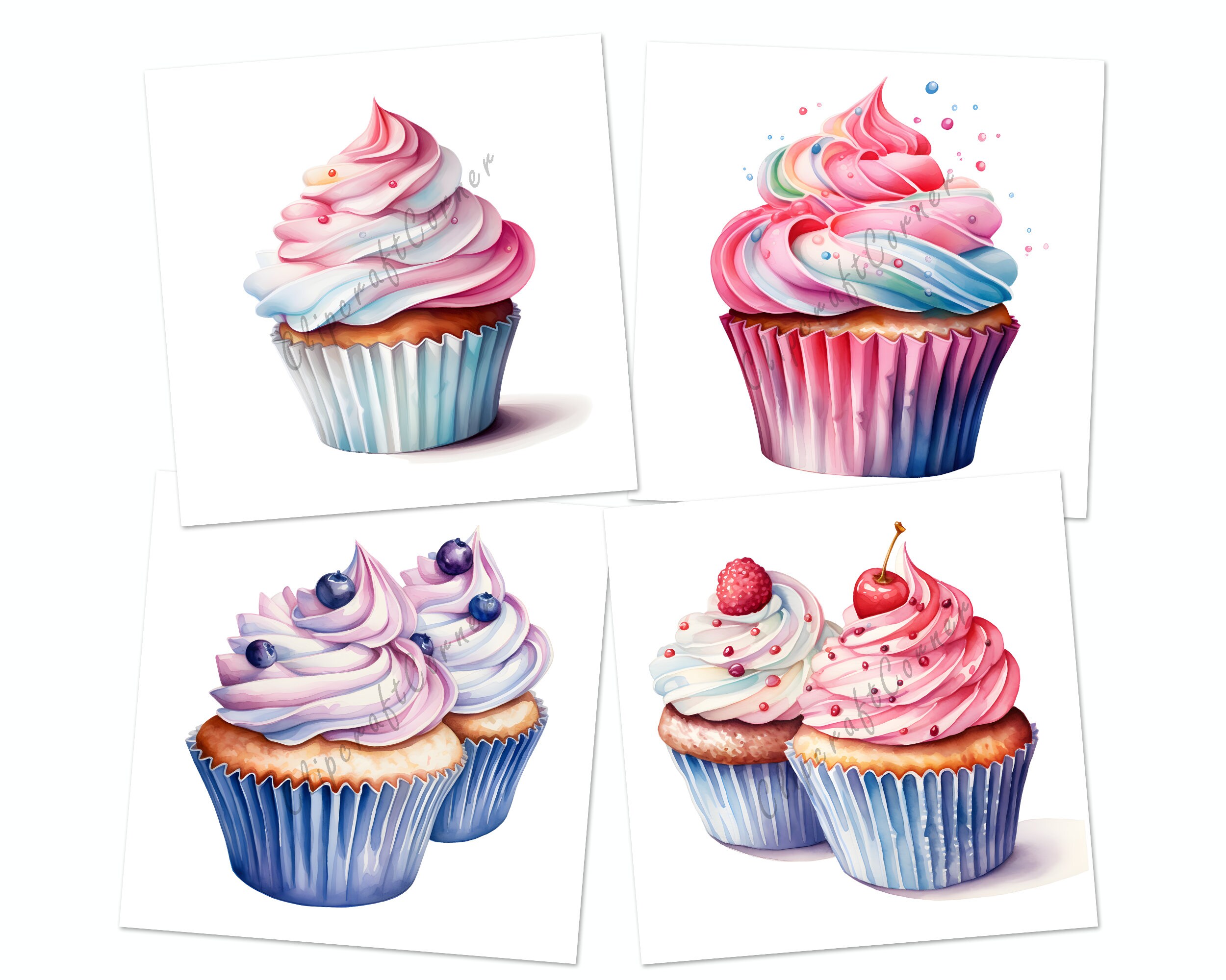 12 Cupcake Clipart PNG Bundle Watercolor Dessert Clipart PNG Food ...