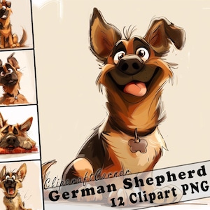 12 German Shepherd Clipart PNG Funny Dog Bundle | Watercolor Dog Cartoon Clipart PNG | Animal Clipart Artwork | 217