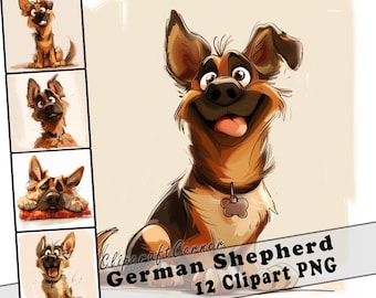 Könnte beinhalten: Eine digitale Illustration eines Cartoon-Deutschen Schäferhundes in 12 verschiedenen Posen. Der Hund ist braun und schwarz mit einem fröhlichen Ausdruck. Das Bild ist mit "Deutscher Schäferhund 12 Clipart PNG" beschriftet.