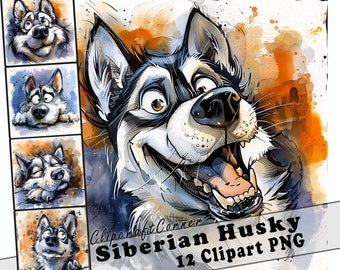 May include: A digital illustration of a Siberian Husky dog with a watercolour background. The dog is shown with a variety of expressions, including happy, surprised, and sleepy. The image is part of a set of 12 clipart images.