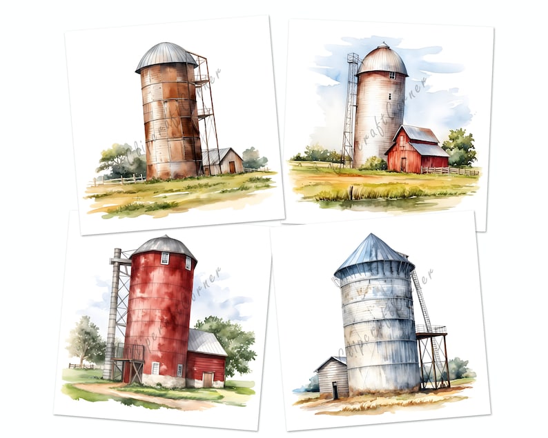 12 Silo Clipart PNG Bundle | Watercolor Farm Silo Clipart PNG | Farm ...