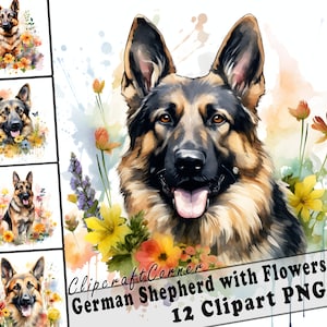12 German Shepherd and Flowers Clipart PNG Bundle | Watercolor Dog Clipart PNG | 71