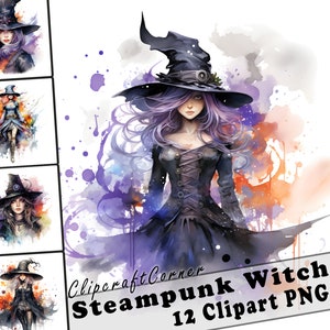 12 Steampunk Witch Clipart PNG Bundle | Watercolor Steampunk Women Clipart PNG Art | Fantasy Clipart Artwork | 2026