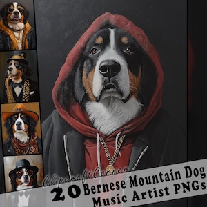 20 Berner Sennenhund Clipart Bilder | Berner Hundeportraits als Musikstars | Sennenhund PNG Kunst Bündel | Hund Gemälde | 338