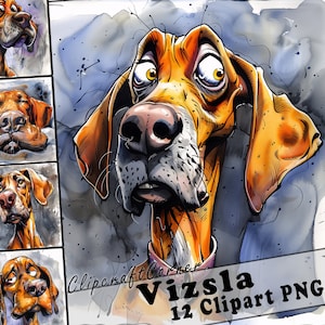 12 Vizsla Clipart PNG Lustiges Hundepaket | Aquarell Hundekarikatur Clipart PNG | Tier-Clipart-Kunstwerk | 122