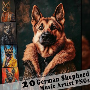 20 枚のジャーマン シェパードのクリップアート画像 | 音楽スターとしてのジャーマン シェパードの犬の肖像画 | ジャーマン シェパードの PNG アート バンドル | ピクセル ドッグ ペインティング | 317