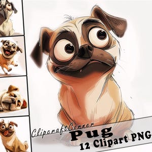 12 Pug Clipart PNG Funny Dog Bundle | Watercolor Dog Cartoon Clipart PNG | Animal Clipart Artwork | 254