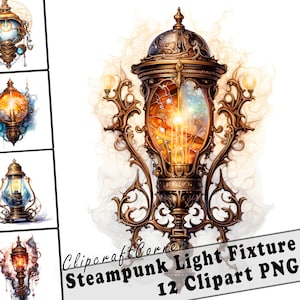 12 Steampunk Light Fixture Clipart PNG Bundle | Watercolor Steampunk Clipart PNG Art | Fantasy Clipart Artwork | 2036