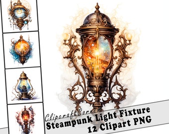 12 Steampunk Light Fixture Clipart PNG Bundle | Watercolor Steampunk Clipart PNG Art | Fantasy Clipart Artwork | 2036