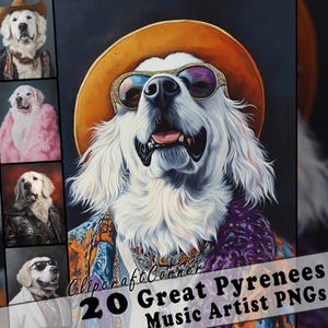 20 Images Clipart Grandes Pyrénées | Portraits de chiens des Grandes Pyrénées en stars de la musique | Lot d'oeuvres d'art PNG Grandes Pyrénées | Peinture chien | 352