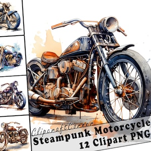 May include: A set of 12 digital clipart images featuring a steampunk motorcycle in various poses. The motorcycle is rendered in a watercolor style with a rusty, metallic finish. The images are perfect for crafting, scrapbooking, and digital design projects.