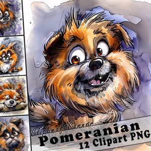 12 Pomeranian Clipart PNG Funny Dog Bundle | Watercolor Dog Caricature Clipart PNG | Animal Clipart Artwork | 134