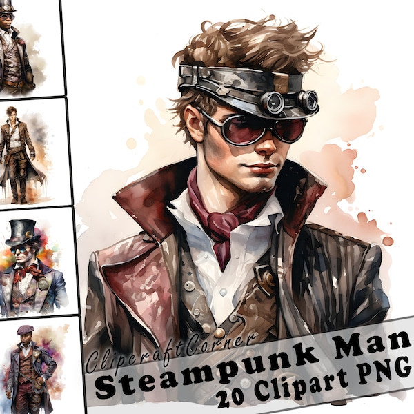 20 Steampunk Men Clipart PNG Bundle | Watercolor Steampunk Men Clipart PNG Art | Fantasy Clipart Artwork | 2019