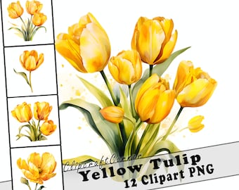 12 Yellow Tulip Clipart PNG art Bundle | Watercolor Flower Clipart PNG artwork | 2519