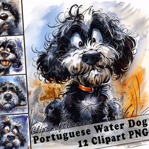 12 Portugese waterhond clipart PNG grappige hond bundel | Aquarel hond karikatuur clipart PNG | Dierlijke clipart-illustraties | 149