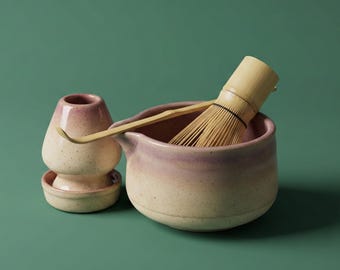 Set Matcha - Set di ciotole in ceramica per Matcha con frusta, set da tè Matcha fatto a mano, grazioso set Matcha rosa, set di frusta per Matcha