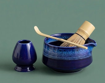 Matcha Set, blaues Keramik Matcha Set mit Schneebesen | Japanisches Matcha-Tee-Set | Niedliches handgemachtes Matcha Geschenk-Set | Muttertagsgeschenk