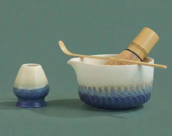 May include: A matcha tea set with a ceramic bowl, bamboo whisk, scoop, and a ceramic whisk holder. The bowl has a white and blue wave design. The whisk and scoop are made of bamboo. The whisk holder is white and blue. The text "Matcha Nagi" is in the upper left corner.