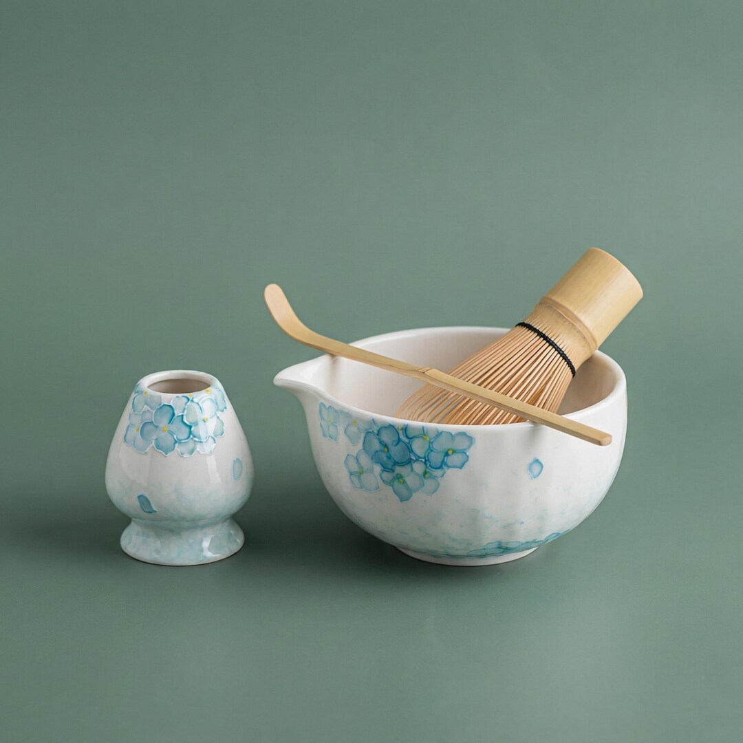 Cute Matcha Set | Blue Hydrangea Ceramic Matcha Bowl, Whisk Kit ...