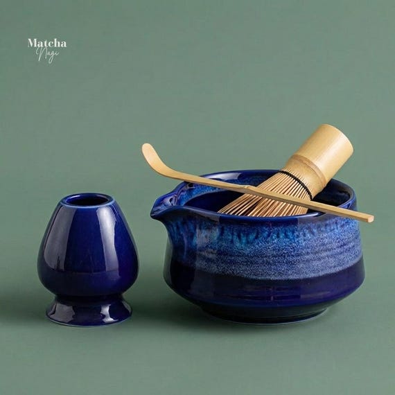 Blue Matcha Set, Ceramic Matcha Bowl, Matcha Kit with Whisk, Japanese Tea Ceremony Set, Matcha Accessories, Handmade Matcha Set