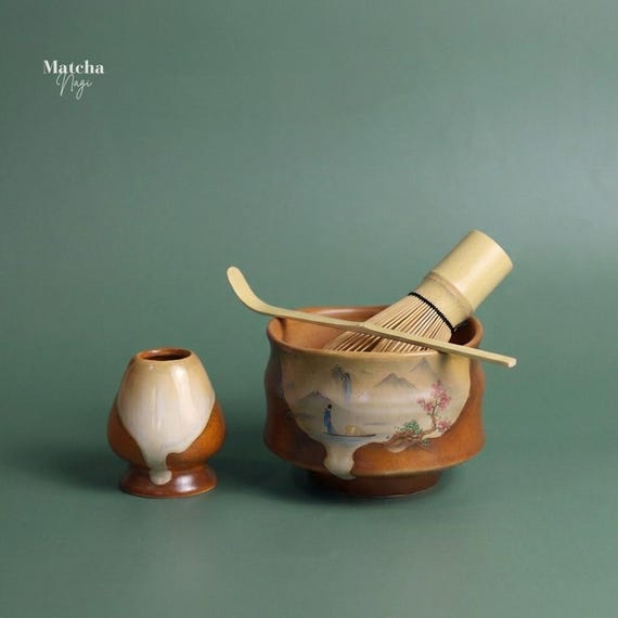 Cute Matcha Set With Bowl and Whisk, Handmade Matcha Kit, Japanese Tea Set Gift Box, Ceramic Matcha Bowl Chawan, Matcha Accessories