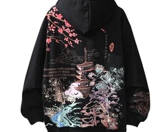 Japan Print Hoodie, Sakura Hoodie, Y2K Hoodie, Harajuku, Oversized Pullover, Japanese Streetwear, Embroidery Hoodie, Y2K Top