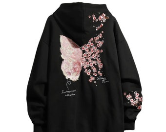 Sudadera con capucha de mariposa, sudadera de gran tamaño, sudadera con capucha bordada Sakura, suéter de abuelo, Harajuku, ropa de calle japonesa, sudadera con capucha Y2K