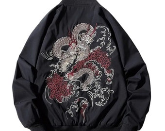 Drachen Bomberjacke, Chinesische Drachen Stickerei, Y2K Jacke, Retro, Harajuku, Y2K Top, Gothic Jacke, Blumendruck Jacke