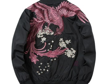 Chaqueta bomber Phoenix, chaqueta con bordado de pájaros, chaqueta de béisbol, ropa de calle japonesa, chaqueta Y2K, Harajuku, ropa gótica