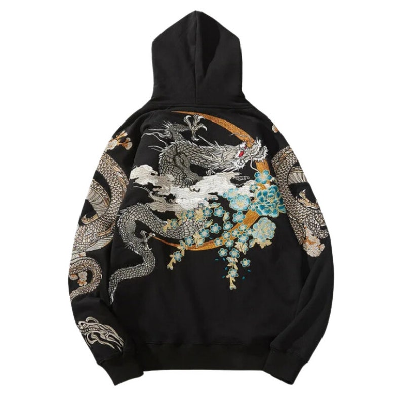 Japanese Dragon Embroidery Hoodie, Oversized Sweatshirt, Harajuku, Y2K