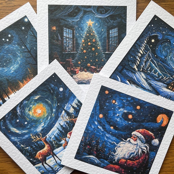 Christmas Card 5 Pack (Starry Night Style) | Greetings Card Pack | Festive Card Bundle | Van Gogh Style