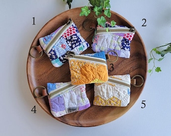 Handmade Vintage Quilt Earbud Case: Upcycled Soft Pouch with Keyring