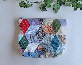 Vintage Quilted Zipper Cosmetic Pouch | Handmade Floral Purse | Vintage quilt
