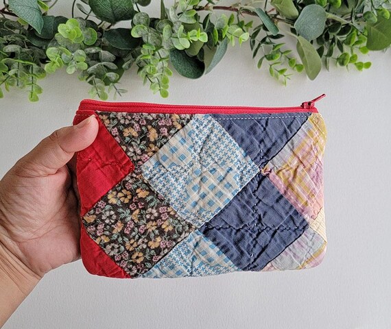 Vintage Quilted Zipper Pouch: Handmade Repurposed Quilt Bag