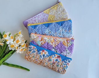 Vintage Quilted Pencil Pouch: Repurposed Zipper Bag, Handmade in USA