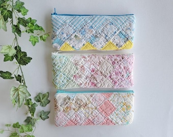 Vintage Quilted Pencil Pouch: Repurposed Zipper Bag, Handmade in USA