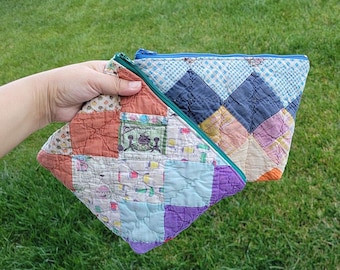 Vintage Quilted Zipper Cosmetic Pouch | Handmade Floral Purse | Vintage quilt