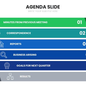 May include: A presentation slide titled "AGENDA SLIDE" with a white background. The slide features six horizontal bars in shades of green, teal, and blue, each labeled with a topic and a number from 01 to 06. The topics include "Minutes from Previous Meeting" and "Goals for Next Quarter."