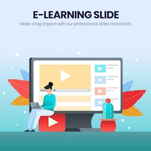 May include: An e-learning slide with the text "E-LEARNING SLIDE" and "Make a big impact with our professional slides and charts." The image features a person with a laptop in front of a computer screen with video icons. There are also icons and text boxes labeled "TITLE 01", "TITLE 02", "TITLE 03", and "TITLE 04".