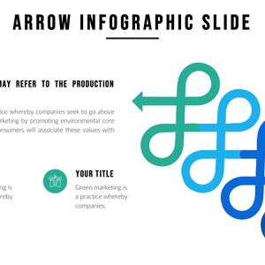 May include: An infographic slide with the text "ARROW INFOGRAPHIC SLIDE". The slide features a green and blue arrow design, along with the text "GREEN MARKETING MAY REFER TO THE PRODUCTION PROCESS."