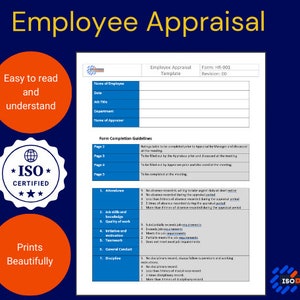May include: A blue and white employee appraisal form template with the title "Employee Appraisal" and the text "ISO Certified" in a star-shaped seal. The form includes sections for employee information, attendance, job skills, quality of work, initiative and motivation, teamwork, general conduct, and discipline.