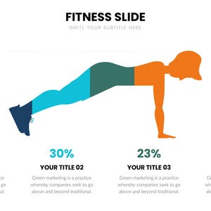 Może przedstawiać: Slajd fitness z wystylizowaną pomarańczową i turkusową postacią w pozycji deski. Slajd zawiera tekst "FITNESS SLIDE" oraz procenty z tytułami i opisami. Logo ISO Direct znajduje się w lewym górnym rogu.