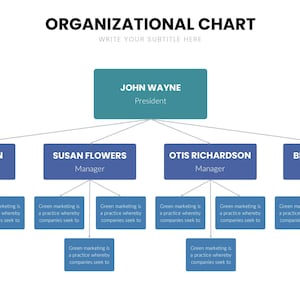 May include: An organizational chart with a teal and blue color scheme. The chart displays the hierarchy with the title "Organizational Chart" and the name "John Wayne" as President. Managers include Ken Davidson, Susan Flowers, Otis Richardson, and Brian Williams.