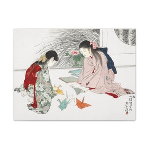 Japanese Wall Art Meiji Period Woodblock Print &quot;Young Girls Making Paper Cranes&quot; by Terazaki, Stretched Canvas Print Vintage Decor, Ukiyo-e