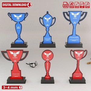 May include: Six trophy designs for laser cutting. The trophies are red, blue and black. The trophies feature a bee logo and the text "LOGO 2024". The trophies are 3-4 mm thick.