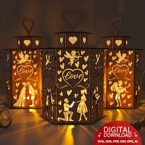 DÍA DE SAN VALENTÍN, Farol romántico, Luz de noche con forma de corazón, 6 faroles de trabajo con forma de corazón, Decoración con farol, Descarga digital Svg 0030