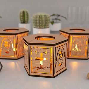 Jesus, Virgin Mary and Holy pilgrim, Night Light, Lamp Shade, Table Candle, Holder SVG, Wooden Hanging Decoration Lantern, Laser Cut image 6