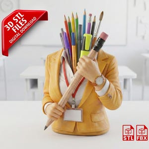 May include: A yellow blazer-shaped desk organiser holds various colourful pencils, pens, and a large pencil. A red banner in the upper left corner reads "3D STL FILES DIGITAL DOWNLOAD". A watch is on the wrist. The image also includes STL, FBX, and OBJ icons.