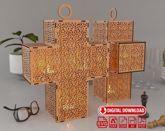 Holy Cross Candle Holder, Christian holy pilgrim Night Light Lamp Shade Table Candle Holder Wooden Hanging Decoration Lantern Laser Cut